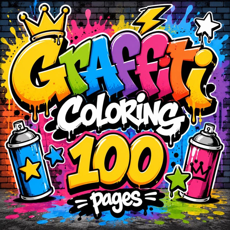 Graffiti coloring cover mockup with colorful street art lettering, spray paint cans, urban graffiti wall, bold neon colors and 100 pages title design