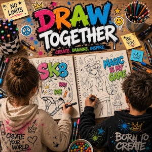 Graffiti coloring mockup with two artists drawing urban street art sketchbooks, colorful graffiti markers, anime designs and creative draw together workspace