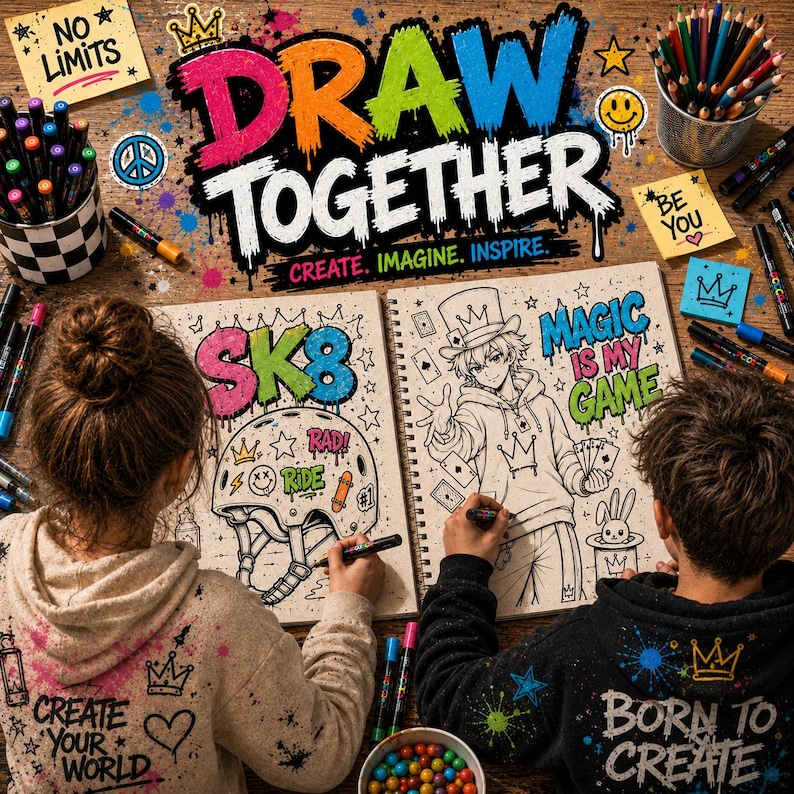 Graffiti coloring mockup with two artists drawing urban street art sketchbooks, colorful graffiti markers, anime designs and creative draw together workspace