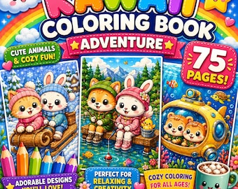 Dibujos para colorear de animales Kawaii para imprimir, libro para colorear Kawaii acogedor, dibujos de animales lindos para colorear, 75 páginas JPEG