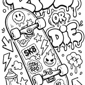 Graffiti coloring page featuring stacked streetwear sneakers with graffiti text, urban hip hop style, spray paint details and printable sneaker art design