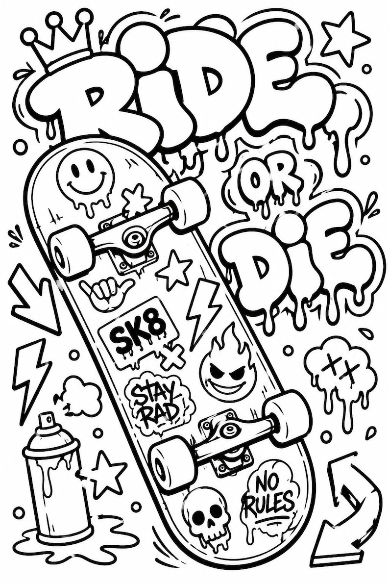 Graffiti coloring page featuring stacked streetwear sneakers with graffiti text, urban hip hop style, spray paint details and printable sneaker art design