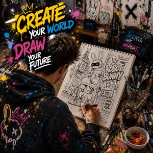 Graffiti coloring mockup with artist drawing futuristic robot bunny street art sketch, urban graffiti workspace, creative markers and cyberpunk coloring page design