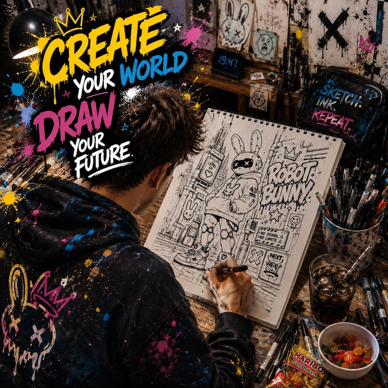 Graffiti coloring mockup with artist drawing futuristic robot bunny street art sketch, urban graffiti workspace, creative markers and cyberpunk coloring page design