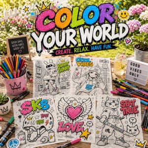Graffiti coloring mockup featuring colorful outdoor art workspace with urban street art coloring pages, robot bunny, anime girl, samurai cat and creative graffiti designs