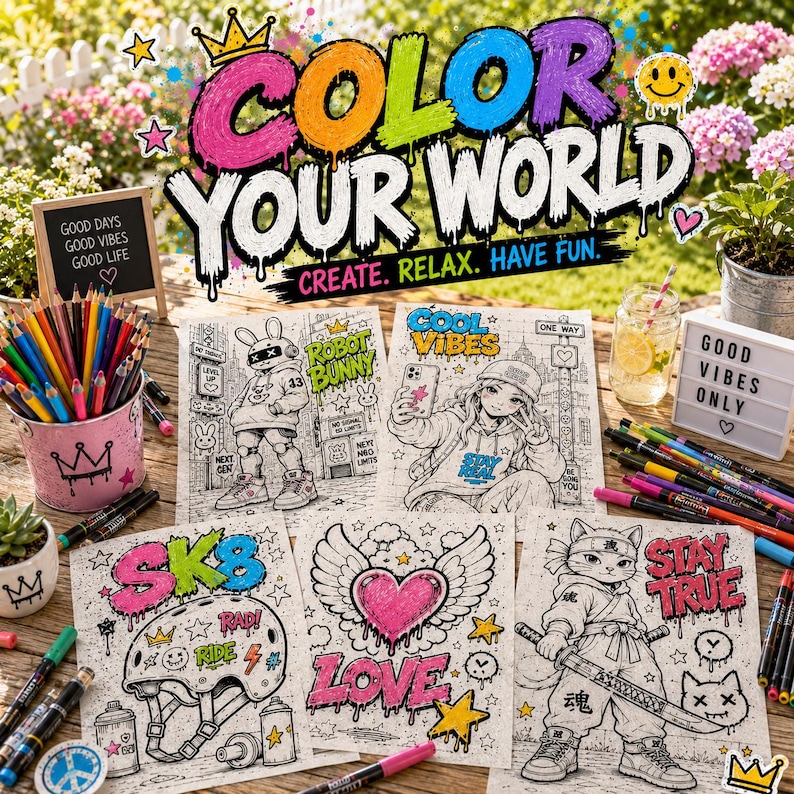 Graffiti coloring mockup featuring colorful outdoor art workspace with urban street art coloring pages, robot bunny, anime girl, samurai cat and creative graffiti designs