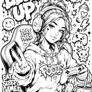 Graffiti coloring featuring gamer girl with headset, video game controller, urban street art graffiti style, gaming aesthetic and printable coloring page design