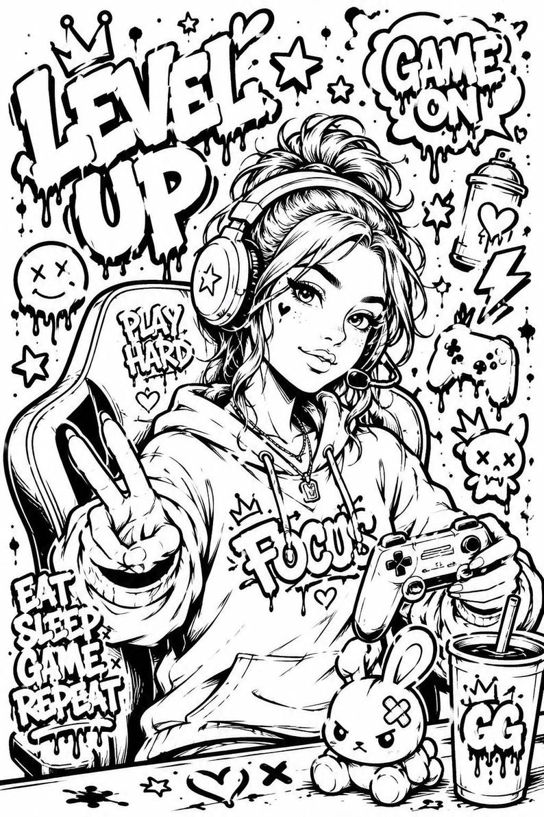 Graffiti coloring featuring gamer girl with headset, video game controller, urban street art graffiti style, gaming aesthetic and printable coloring page design