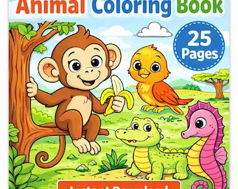 Libro para colorear de animales, 25 páginas. Dibujos para colorear de animales. Libro para colorear imprimible. Dibujos para colorear digitales.
