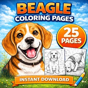 May include: A digital collection titled Beagle Coloring Pages featuring 25 pages for instant download. The image displays a colorful illustration of a smiling beagle dog and two black and white line art examples of beagles on a grassy background.