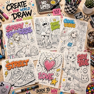 Graffiti coloring mockup featuring multiple urban street art coloring pages with anime characters, robot bunny, graffiti sneakers, samurai cat, markers and creative spray paint designs