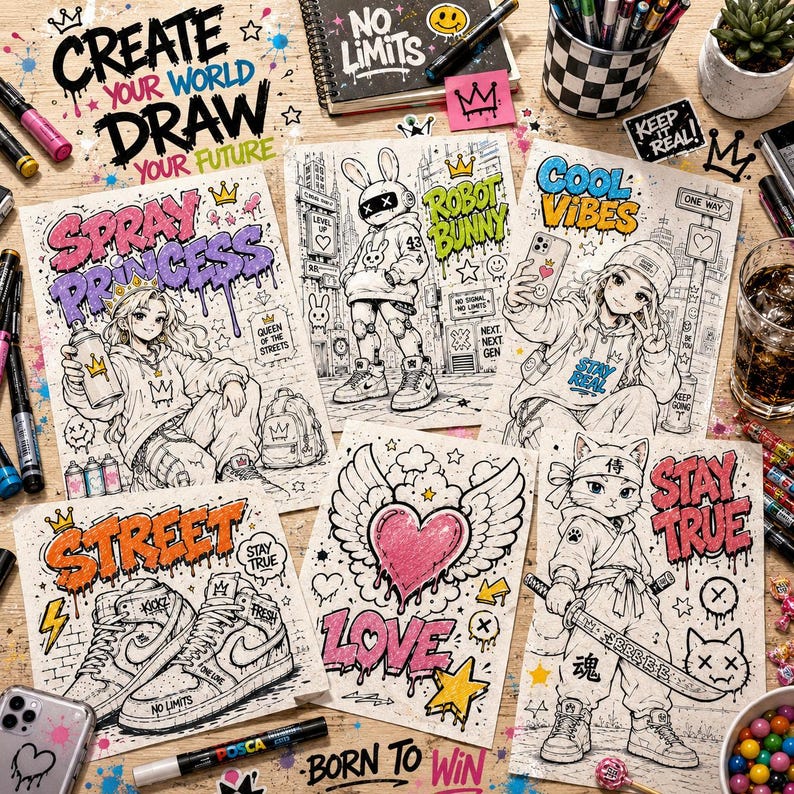 Graffiti coloring mockup featuring multiple urban street art coloring pages with anime characters, robot bunny, graffiti sneakers, samurai cat, markers and creative spray paint designs