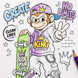 Graffiti coloring mockup featuring skateboard monkey street art design with clean lines, urban graffiti style, printable coloring page and bold cartoon artwork