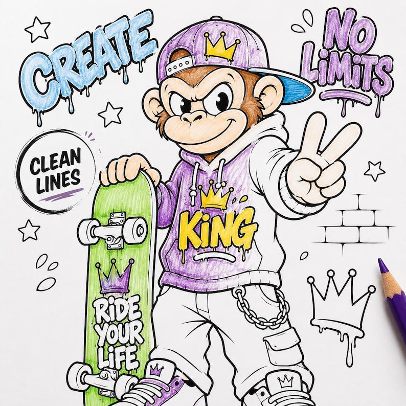 Graffiti coloring mockup featuring skateboard monkey street art design with clean lines, urban graffiti style, printable coloring page and bold cartoon artwork