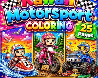 Dibujos para colorear de autos de carreras Kawaii para imprimir, libro para colorear de autos lindos, dibujos para colorear de vehículos Kawaii, 25 páginas en PDF