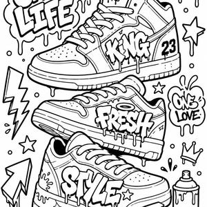 Graffiti coloring page featuring stacked streetwear sneakers with graffiti text, urban hip hop style, spray paint details and printable sneaker art design