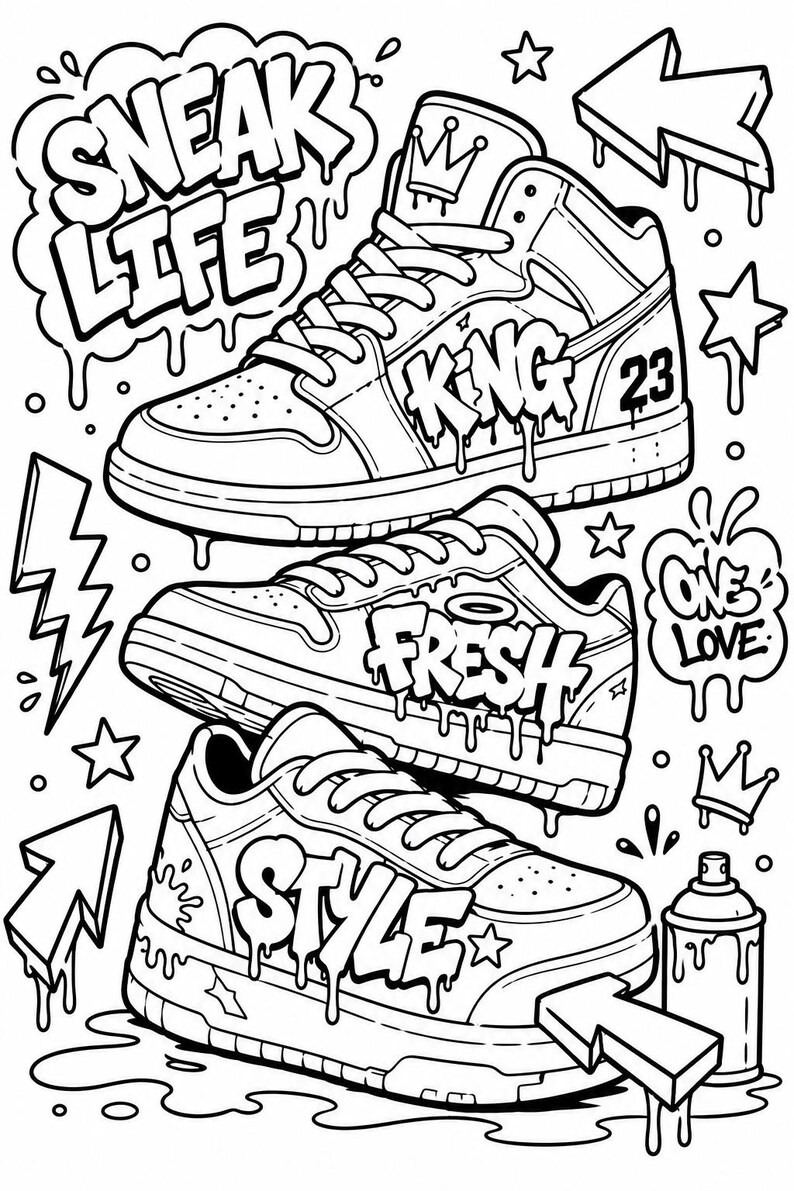 Graffiti coloring page featuring stacked streetwear sneakers with graffiti text, urban hip hop style, spray paint details and printable sneaker art design