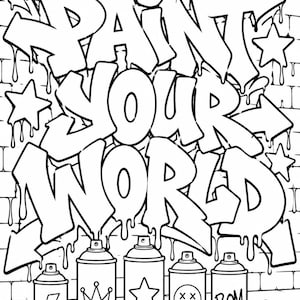 Graffiti coloring page featuring oversized streetwear sneaker with graffiti wall, spray paint cans, lightning symbols and urban hip hop street art design