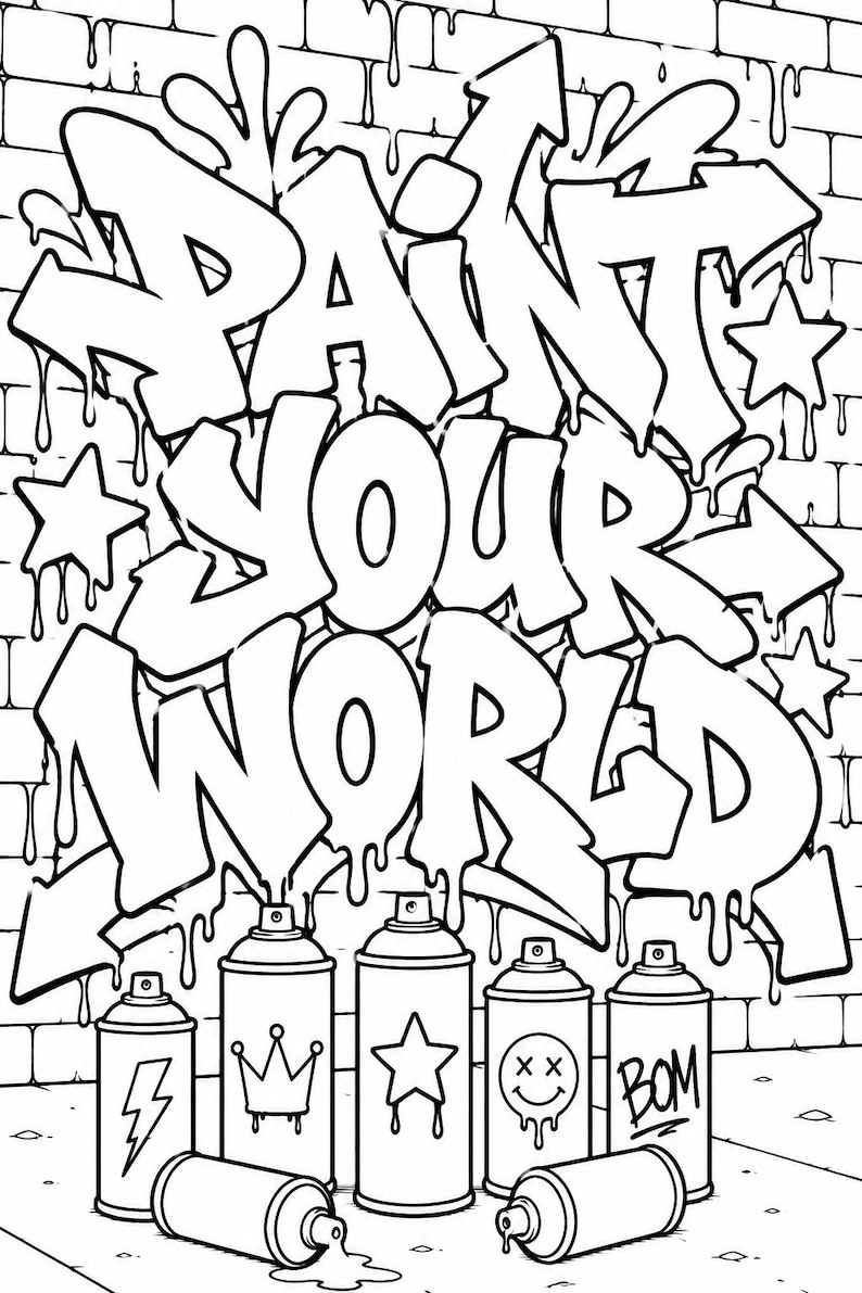 Graffiti coloring page featuring oversized streetwear sneaker with graffiti wall, spray paint cans, lightning symbols and urban hip hop street art design