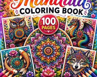 Libro para colorear de mandalas imprimible, 100 diseños únicos, páginas para colorear de mandalas, relajación y meditación, descarga digital en PDF.