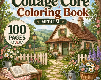 Páginas para colorir Cottagecore para imprimir, tamanho médio, livro de colorir aconchegante e relaxante, 100 páginas, download digital em PDF