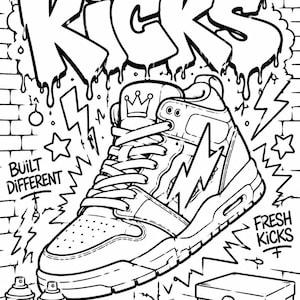 Graffiti coloring page featuring oversized streetwear sneaker with graffiti wall, spray paint cans, lightning symbols and urban hip hop street art design