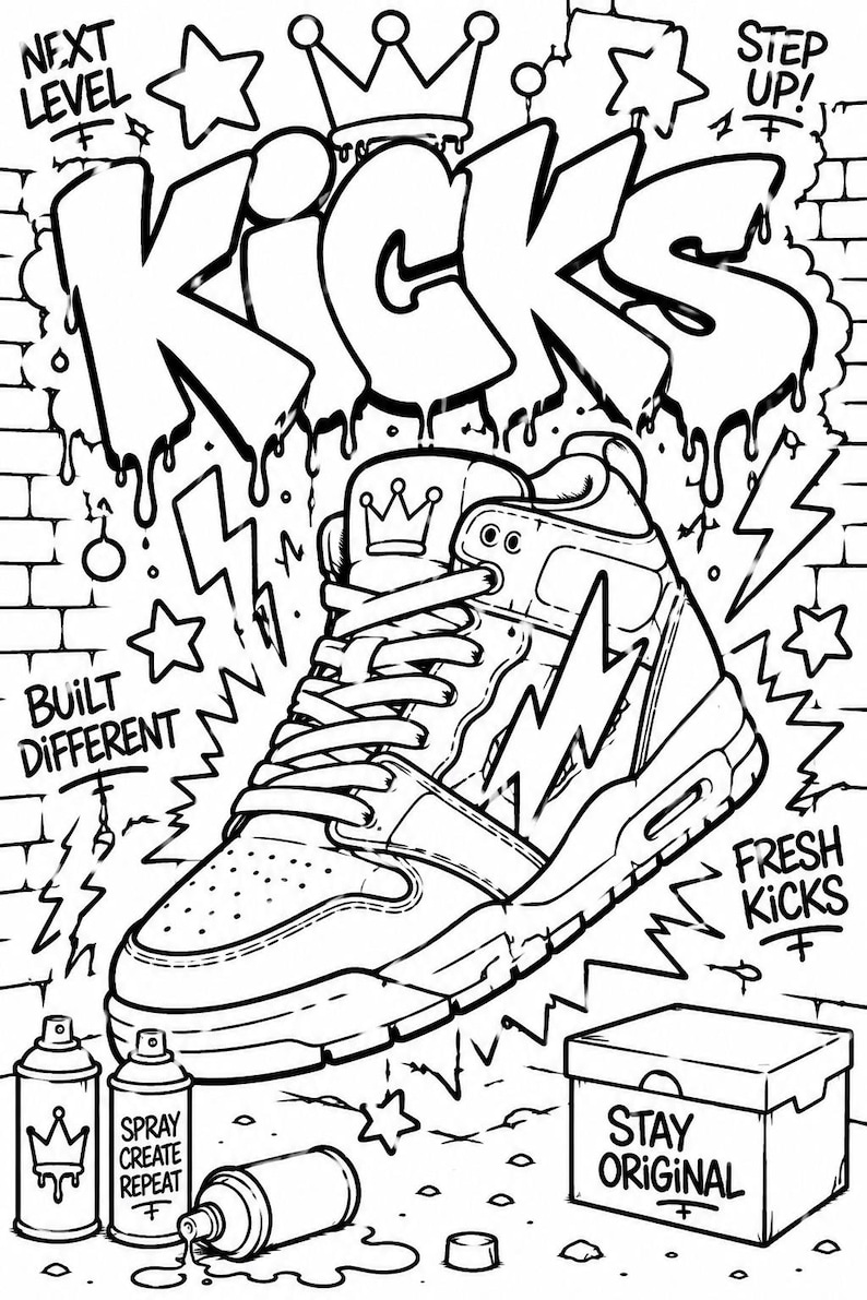 Graffiti coloring page featuring oversized streetwear sneaker with graffiti wall, spray paint cans, lightning symbols and urban hip hop street art design