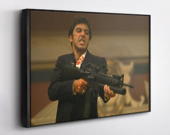 Tony Montana Scarface Gun Scene Canvas Wall Art, Al Pacino Movie Poster, Scarface Canvas for Man Cave, Home Theater