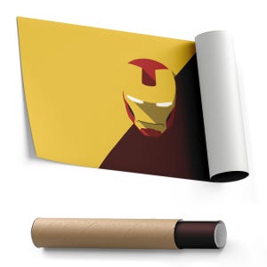 May include: A rolled poster featuring the Iron Man mask in yellow, red, and brown. The poster is partially unrolled, revealing the design. A brown cardboard tube holds the rolled poster.