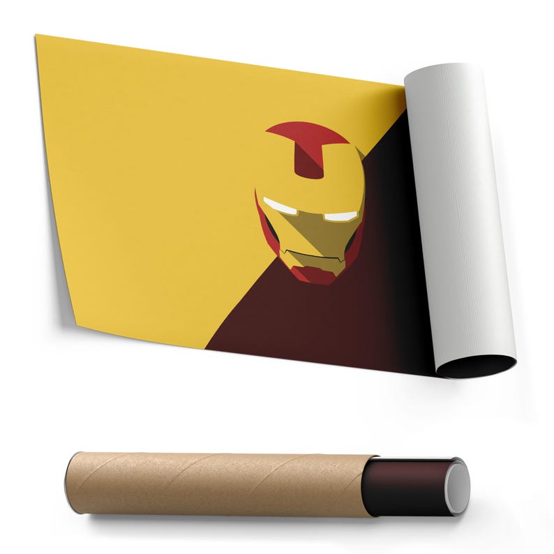 May include: A rolled poster featuring the Iron Man mask in yellow, red, and brown. The poster is partially unrolled, revealing the design. A brown cardboard tube holds the rolled poster.
