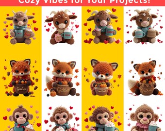 Pacchetto di clipart di animali all'uncinetto / Filato Amigurumi PNG (Download digitale)