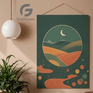 以下が含まれることがあります： 円形のフレームに風景デザインが施されたウォールアートプリント。オレンジと緑の色合いの丘、三日月、星空が描かれています。左上に「Grafixeon」の文字があります。