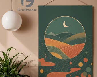 Paesaggio astratto con luna, arte digitale da parete / Poster artistico minimalista boho / Decorazione moderna geometrica parametrica per la casa / Stampabile in PDF e PNG