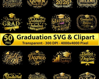 50 clipart di laurea in PNG SVG / Mega pacchetto di citazioni / Classe del 2026 / Bomboniere personalizzate per cappello di laurea / Download digitale