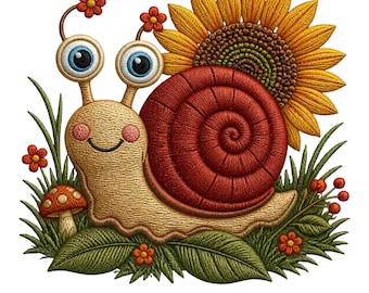 Faux Embroidery Snail PNG | Sunflower Snail Clipart | Cottagecore Garden Digital Download | Whimsical Embroidered Look Sublimation Design