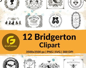 Pacchetto PNG Bridgerton Vintage / Clipart digitali vittoriane stampabili in formato SVG / Set di adesivi per inviti, magliette, tazze, borse / Download digitale