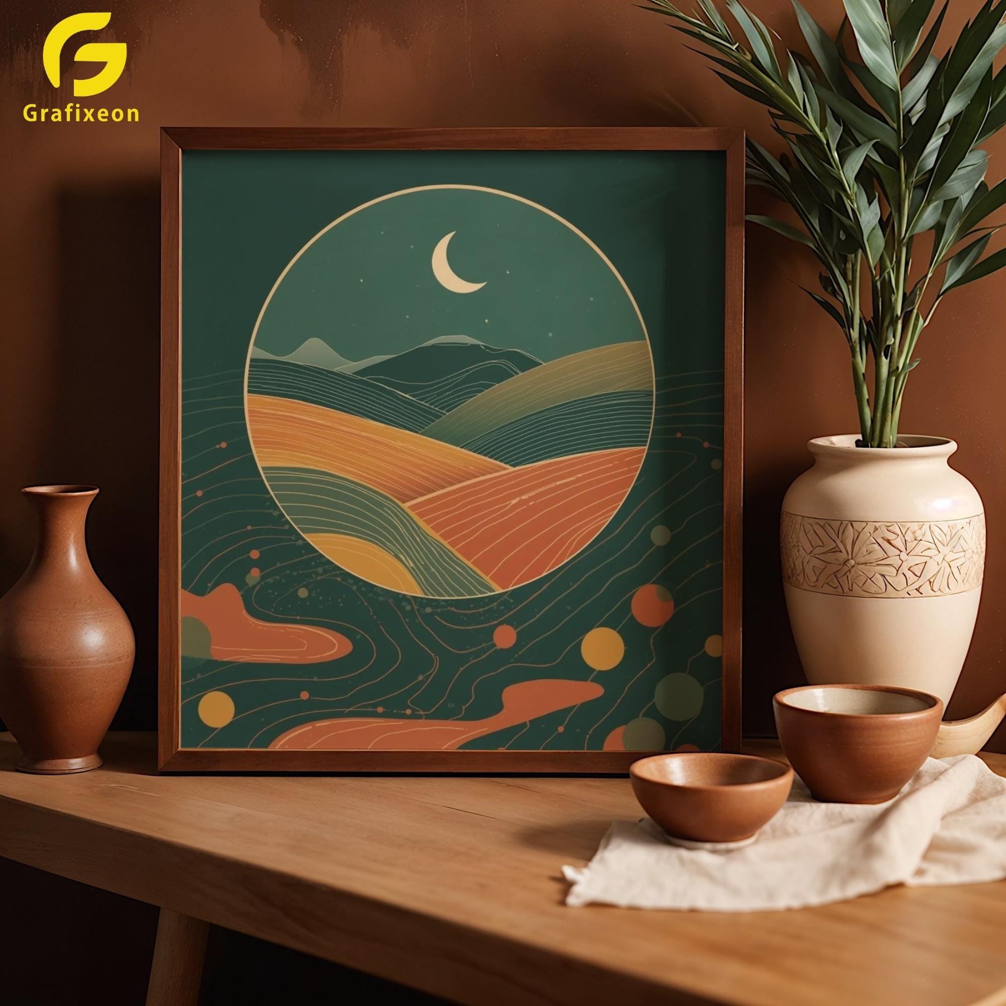 Abstract Landscape With Moon Digital Wall Art | Minimalist Boho Art ...