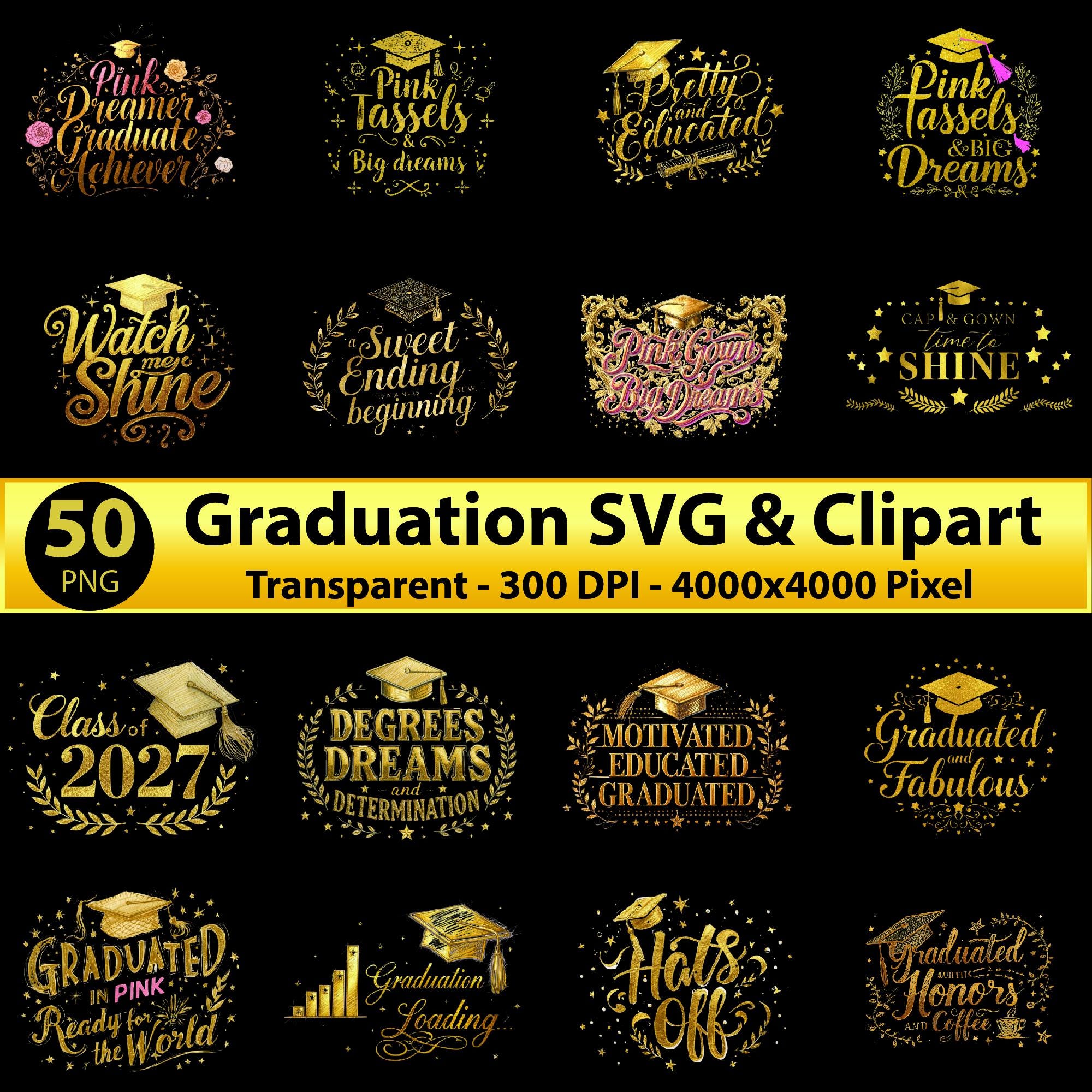 50 Graduation Clipart in PNG SVG | Quotes Mega Bundle | Class of 2026 ...