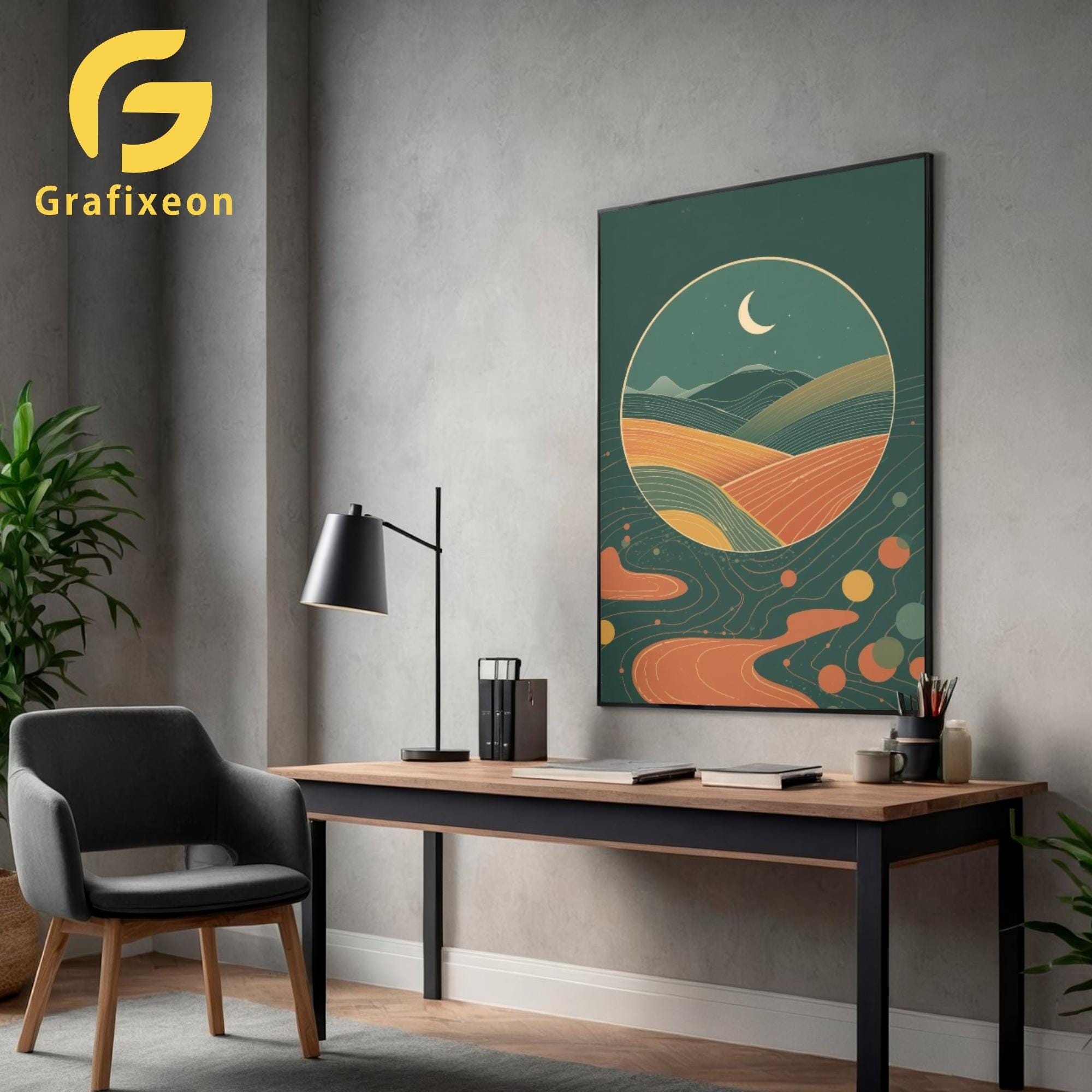Abstract Landscape With Moon Digital Wall Art | Minimalist Boho Art ...
