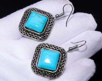Square Turquoise Dangle Earrings | Antique Boho Silver Plated Statement Jewelry