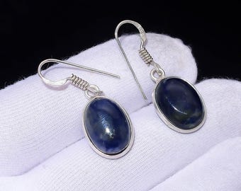 Oval Sodalite Dangle Earrings | Silver Plated Boho Gemstone Jewelry
