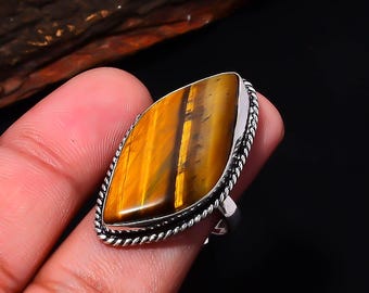 Tiger Eye Marquise Ring, Silver Plated Adjustable – Protection & Confidence Crystal