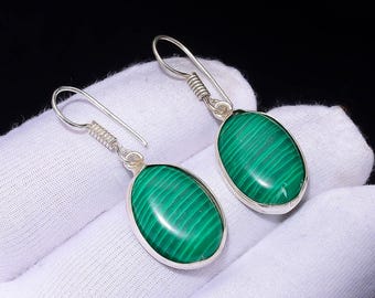 Lab Created Malachite Oval Drop Earrings | Silver Plated Boho Statement Jewelry