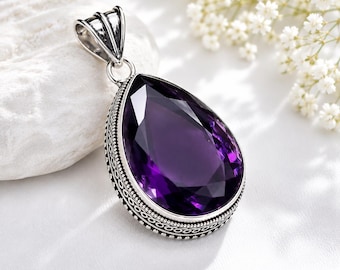 Amethyst Pear Faceted Pendant, Lab Created Deep Purple Crystal – Calm & Clarity Gift