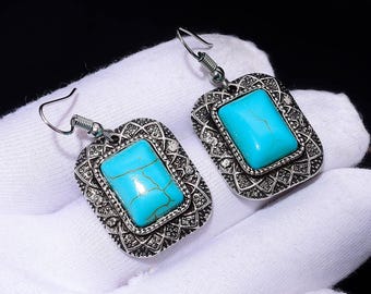 Vintage Turquoise Dangle Earrings | Silver Plated Tribal Boho Jewelry