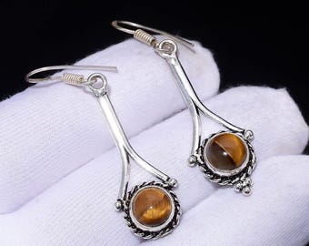 Tiger Eye Dangle Earrings | Silver Plated, Courage Crystal, Boho Handmade Jewelry