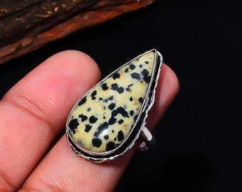 Dalmatian Jasper Teardrop Ring, Silver Plated Adjustable – Playful Loyalty Crystal