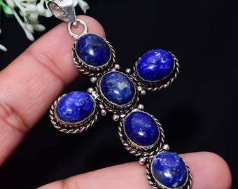 Natural Lapis Lazuli Cross Pendant | Deep Blue Pyrite Gemstone, German Silver Setting