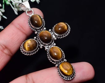 Natural Tiger Eye Cross Pendant | Golden Brown Gemstone, German Silver Setting, Boho Statement Jewelry
