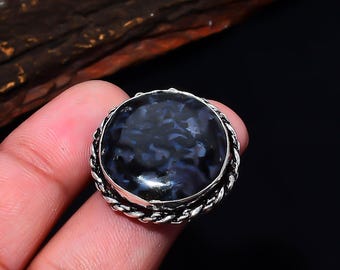 Larvikite Round Statement Ring, Silver Plated Adjustable – Mystic Depth Crystal